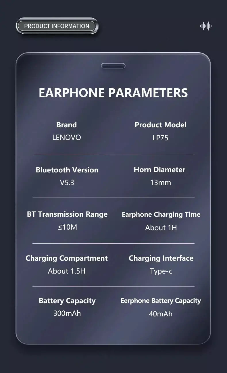 Lenovo lp75 ows sem fio bluetooth 5.3 fones de ouvido gaming redução ruído display digital led à prova dwaterproof água esportes