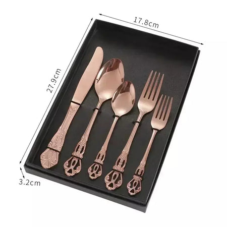 Conjunto de talheres de aço inoxidável dourado, colher europeia real, garfo, talheres completos, design retrô, seguro para máquina de lavar louça, talheres elegantes