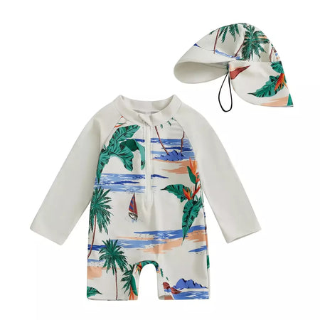 Maiô infantil de 0 a 5 anos, roupa de banho com estampa de tubarão, manga longa, meio zíper, com chapéu de sol, 2 peças, roupa de banho para crianças pequenas