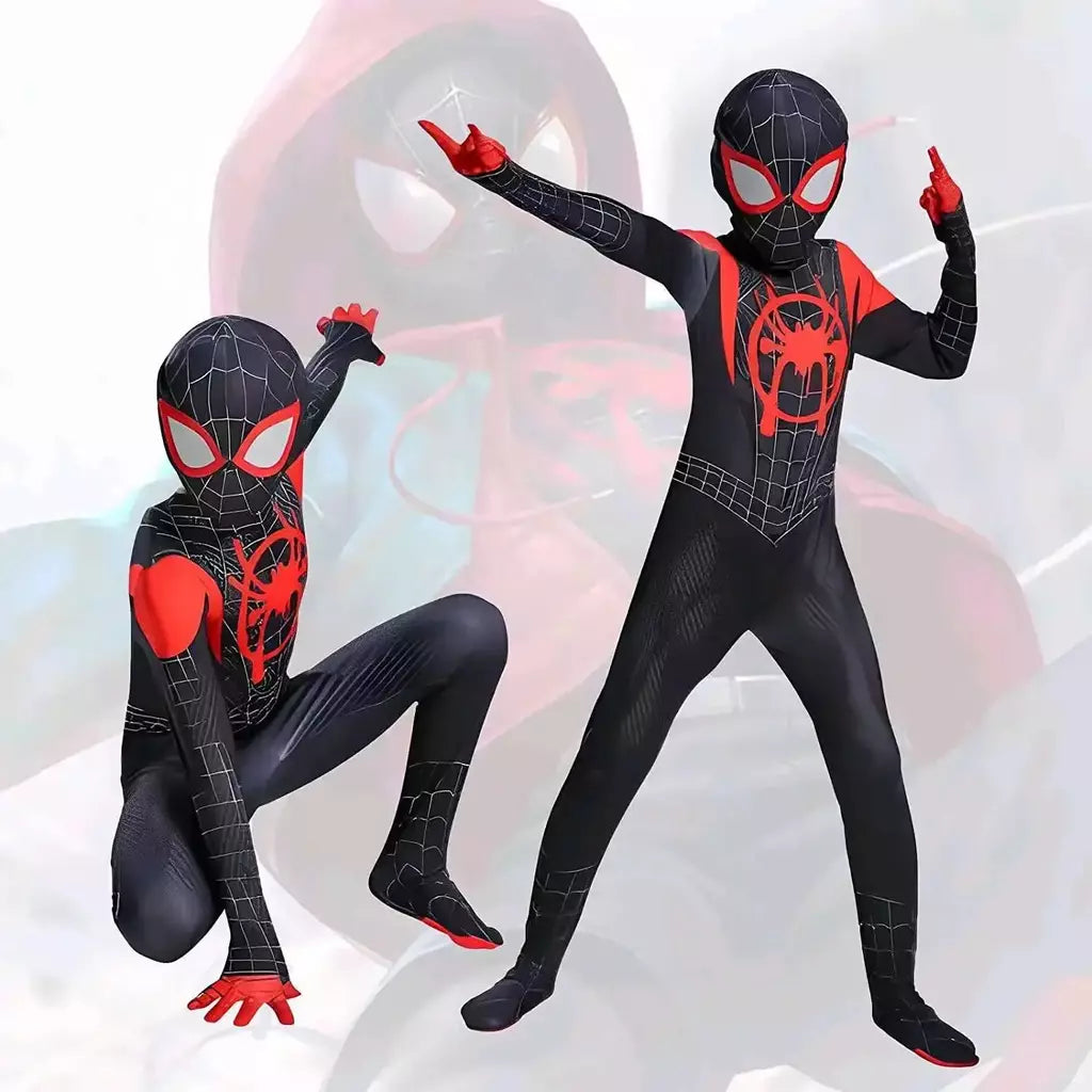 Crianças super-herói bodysuit milhas cosplay peter parker traje dos desenhos animados halloween conjunto com capuz traje de férias macacão com capuz separado