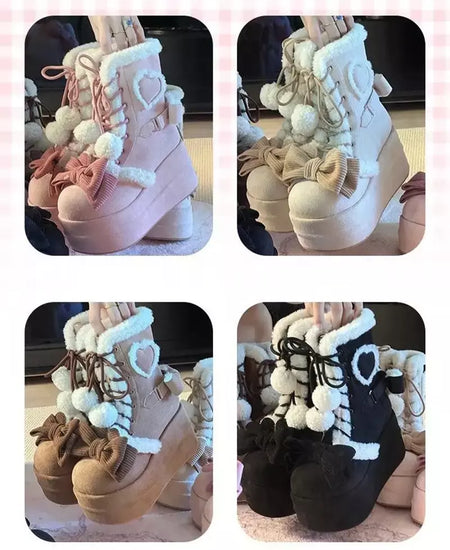 Doce inverno meninas lolita meados de bezerro botas de neve, bonito estudantes do sexo feminino pelúcia quente bowknots rendas até sapatos de salto cunha aumentando