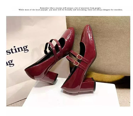 Sapatos Mary Janes de fivela dupla feminina, couro envernizado, cabeça quadrada, salto quadrado, cor sólida, primavera, outono, 2022