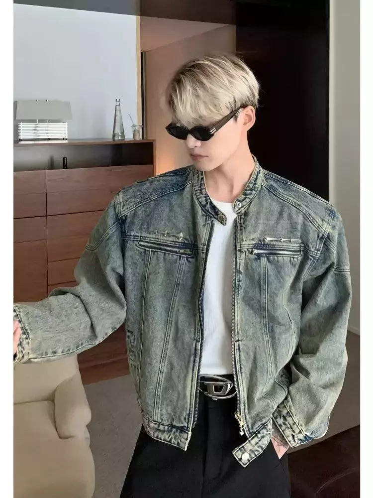 Jaqueta jeans de rua masculina, vintage lavada, jaqueta de caubói angustiada, streetwear casual, primavera, novo, estilo americano, zíperes