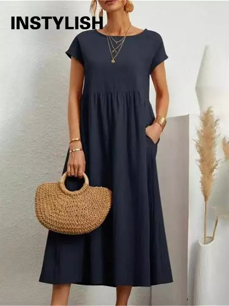 Vintage sólido midi vestido casual manga curta algodão e linho harajuku oversized vestido longo feminino verão y2k maxi vestido de verão 2023