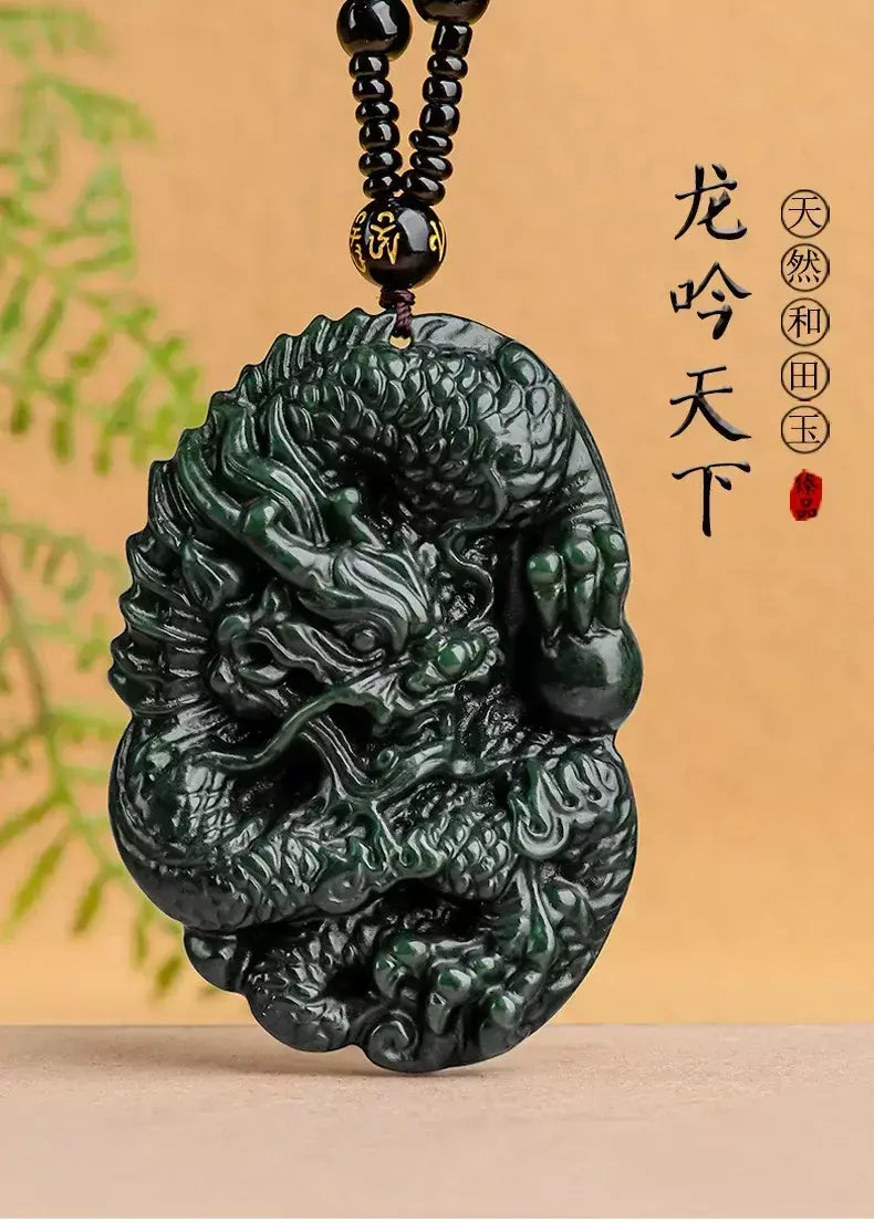 Velho hotan jade ciano pingente jadeite dragão rei marca zodíaco colar dominador masculino mão esculpida jóias presente high-end