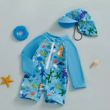 Maiô infantil de 0 a 5 anos, roupa de banho com estampa de tubarão, manga longa, meio zíper, com chapéu de sol, 2 peças, roupa de banho para crianças pequenas