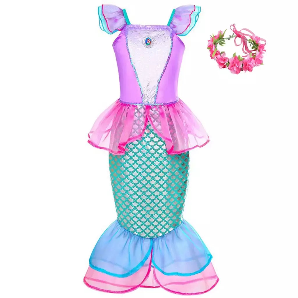Meninas escala roxa princesa sereia ariel cosplay vestido de halloween vestido de festa de aniversário meninas verão praia vestido de férias