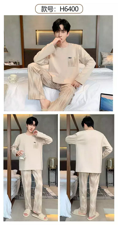 Pijama de algodão de duas peças masculino, calça de manga comprida, traje caseiro, estudante e adolescente, novo outono