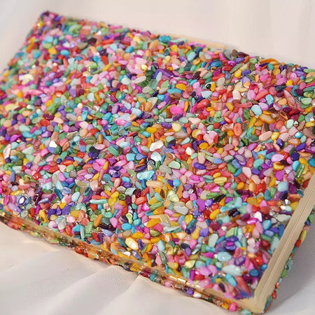 Bolsa acrílica com fecho interligado para menina, bolsa do casamento, pedra multicolorida, corrente de metal, crossbody, ombro, noite, difícil