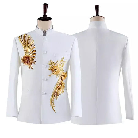 (Jaqueta + calça) moda masculina palco desempenho vestido ternos 2025 novo masculino estilo chinês levante-se colarinho decalque blazer e calças