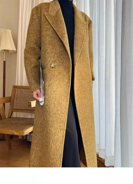 Casaco de alpaca de lã feminino, jaquetas de lã, trespassado duplo, gola de terno, solto, Casacos longos, senhora do escritório, outono, inverno, 2022