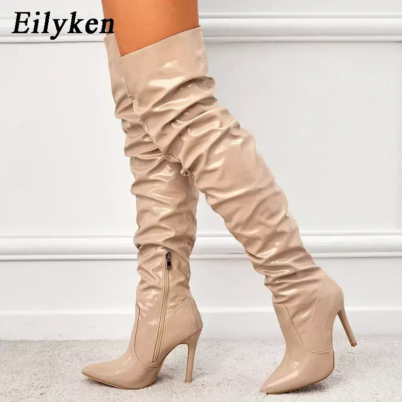 Eilyken-Patent Leather Apontado Toe Salto Alto para Mulheres, Botas Vermelhas Sobre o Joelho, Sapatos de Zíper Lateral, Stiletto Sólido, Calçado Feminino