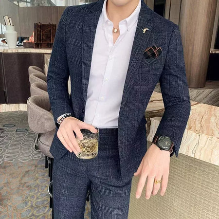 (Blazer + calças) high-end marca formal negócios xadrez terno dos homens noivo vestido de casamento cor sólida palco desempenho smoking S-7XL