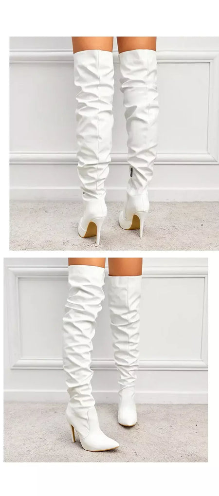 Eilyken-Patent Leather Apontado Toe Salto Alto para Mulheres, Botas Vermelhas Sobre o Joelho, Sapatos de Zíper Lateral, Stiletto Sólido, Calçado Feminino