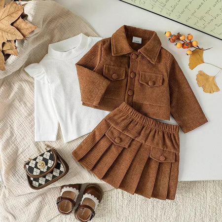 Bebê menina outono inverno na moda três peças jaqueta preto gola alta de malha sólida manga longa saia rua festa roupas conjunto
