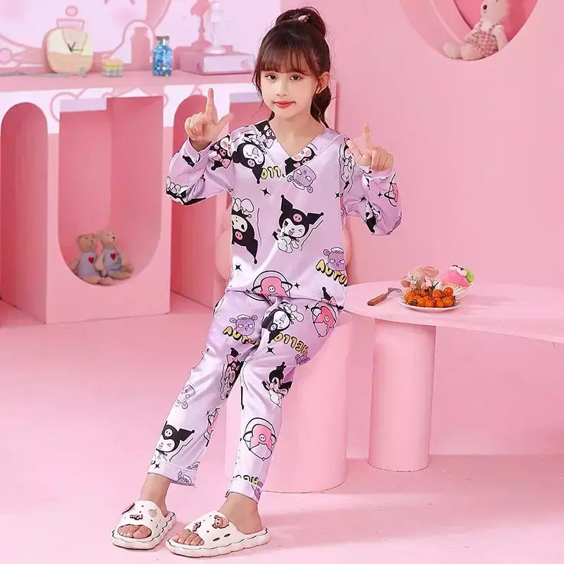Ice Silk infantil Conjunto de Pijamas de manga curta, Pijamas gola V, Anime Sanrio Kuromi Minha melodia Desenhos animados, Cinnamoroll Menina, Cinnamoroll