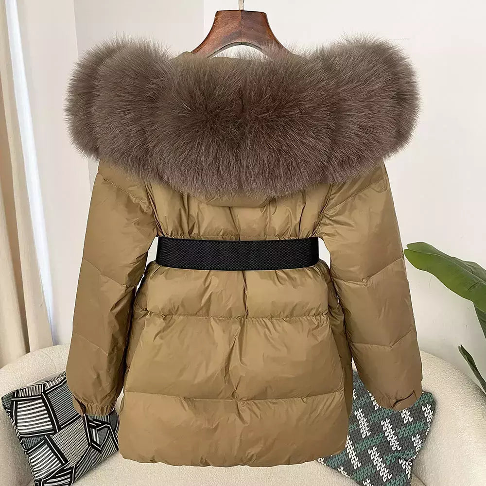 Oftbuy 2024 jaqueta de inverno feminina gola de pele de raposa natural real com capuz grosso quente 90% pato branco para baixo casaco feminino streetwear casual