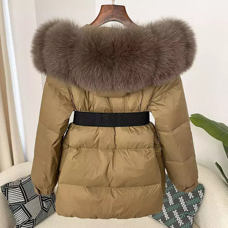 Oftbuy 2024 jaqueta de inverno feminina gola de pele de raposa natural real com capuz grosso quente 90% pato branco para baixo casaco feminino streetwear casual