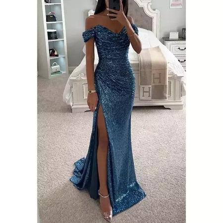 Novidades, design requintado, festa, lantejoulas, gola aberta, vestido casual, moda feminina