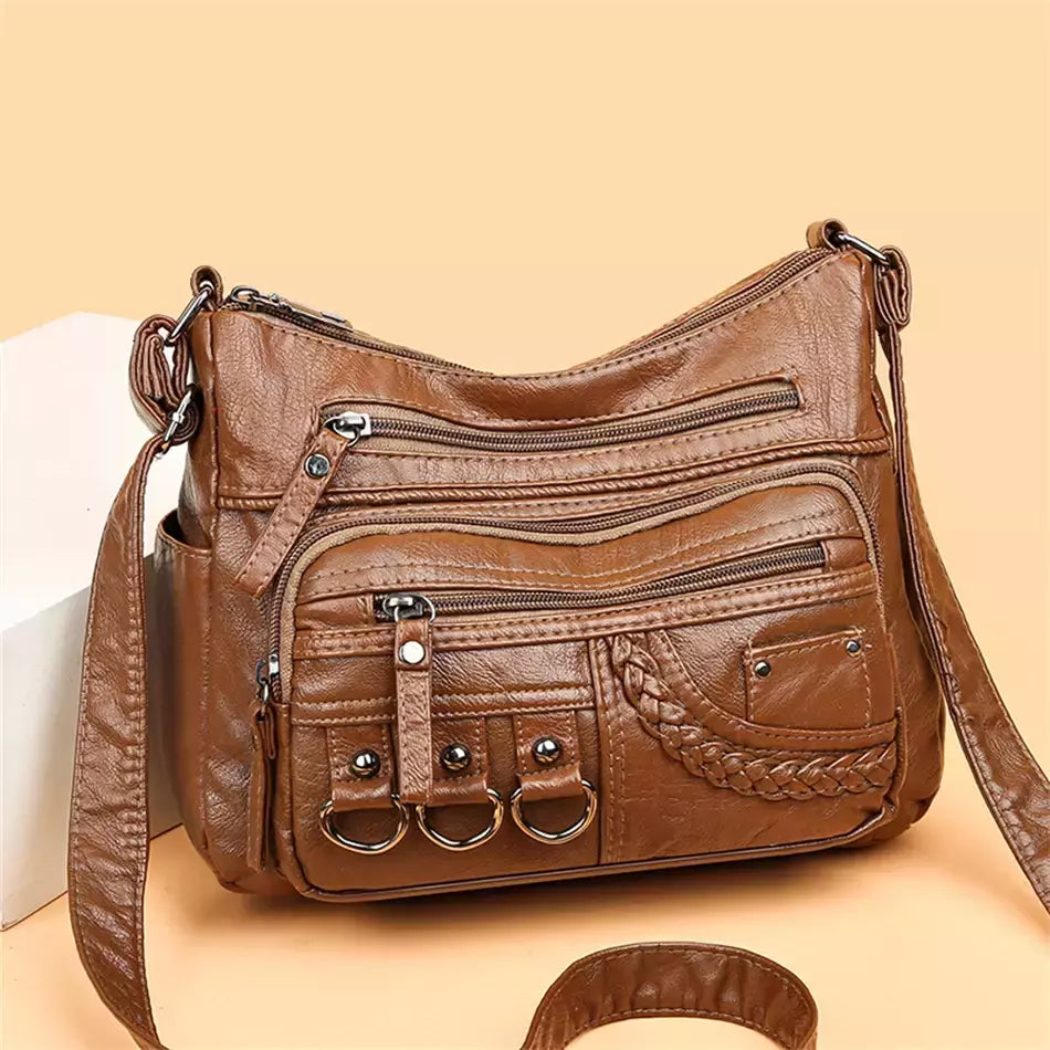 Bolsa de bolso multi couro PU vintage feminina, bolsas de ombro transversais femininas, bolsas de design de luxo, alta qualidade, 2023