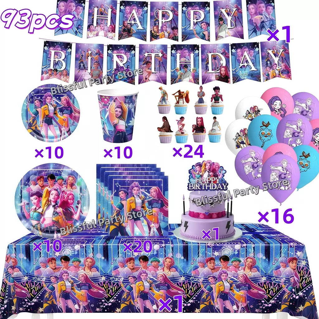 Conjunto de talheres para decoração de festa de aniversário, caçadores de demônios, copo, prato, guardanapo, banner, balão, meninas, coreano, kpop, anime, suprimentos de festa, decoração