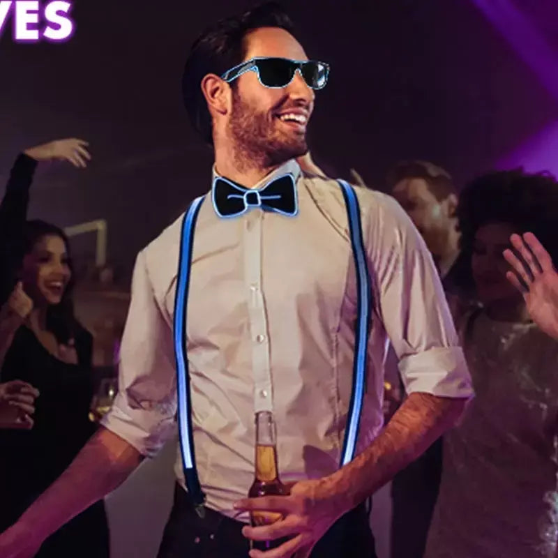 Suspensórios de led iluminados masculinos, gravata borboleta unissex, calças elásticas ajustáveis, suspensório iluminado com led para festival de música, festa de fantasia