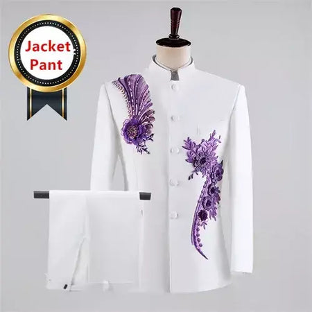 (Jaqueta + calça) moda masculina palco desempenho vestido ternos 2025 novo masculino estilo chinês levante-se colarinho decalque blazer e calças
