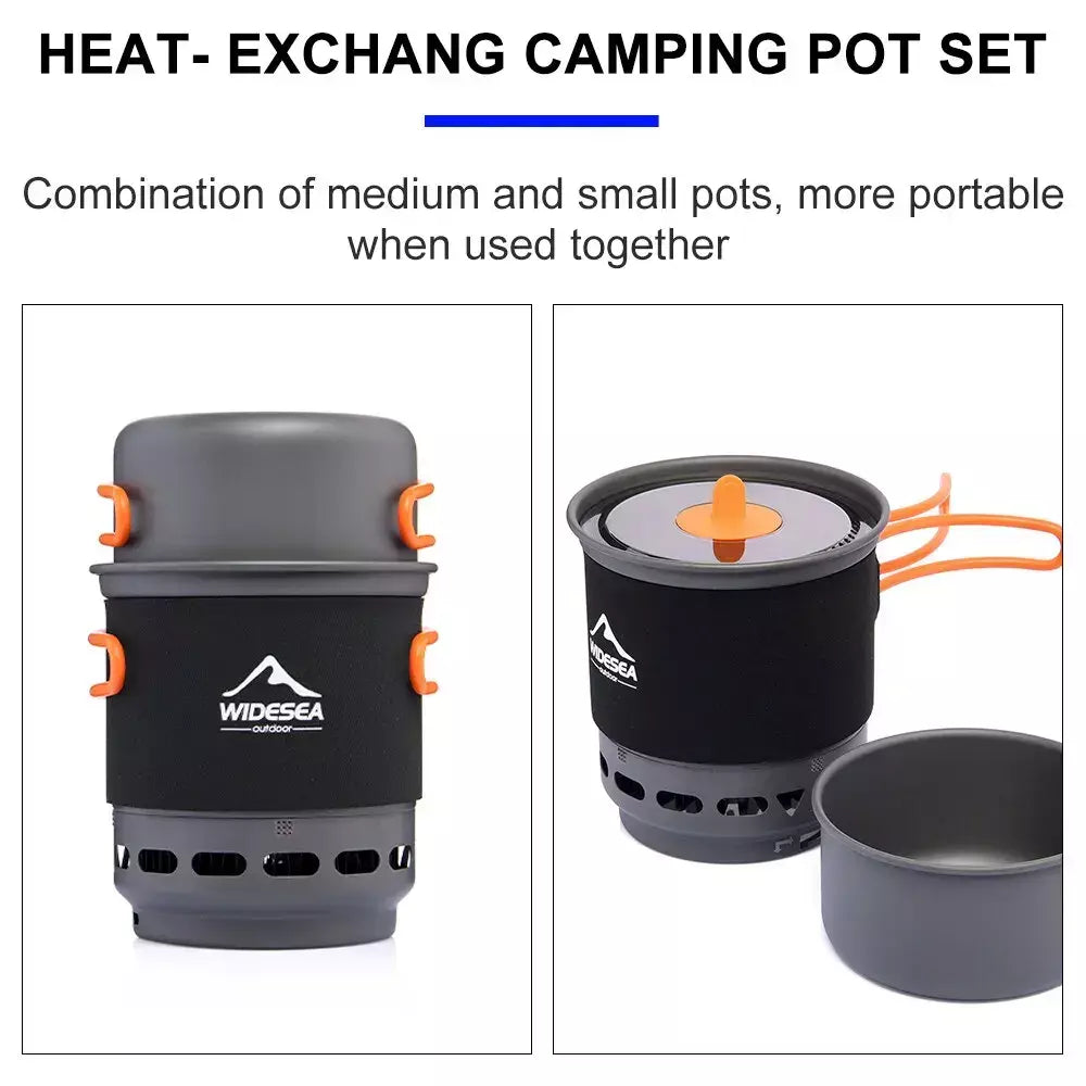 Widesea acampamento sistema de cozinha com trocador calor ao ar livre queimador gás fogão turista pote conjunto copo talheres panelas turismo caminhada