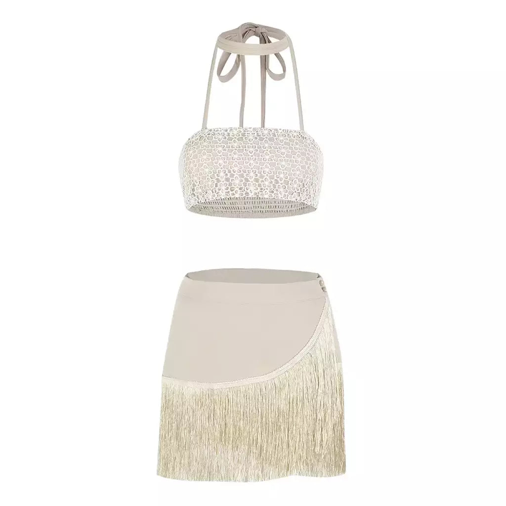 Conjunto sexy de biquíni feminino, sutiã de renda, mini saia, férias de praia, fato de banho feminino casual, 2 peças, verão