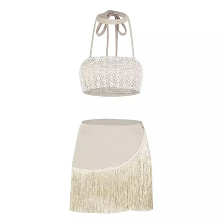 Conjunto sexy de biquíni feminino, sutiã de renda, mini saia, férias de praia, fato de banho feminino casual, 2 peças, verão