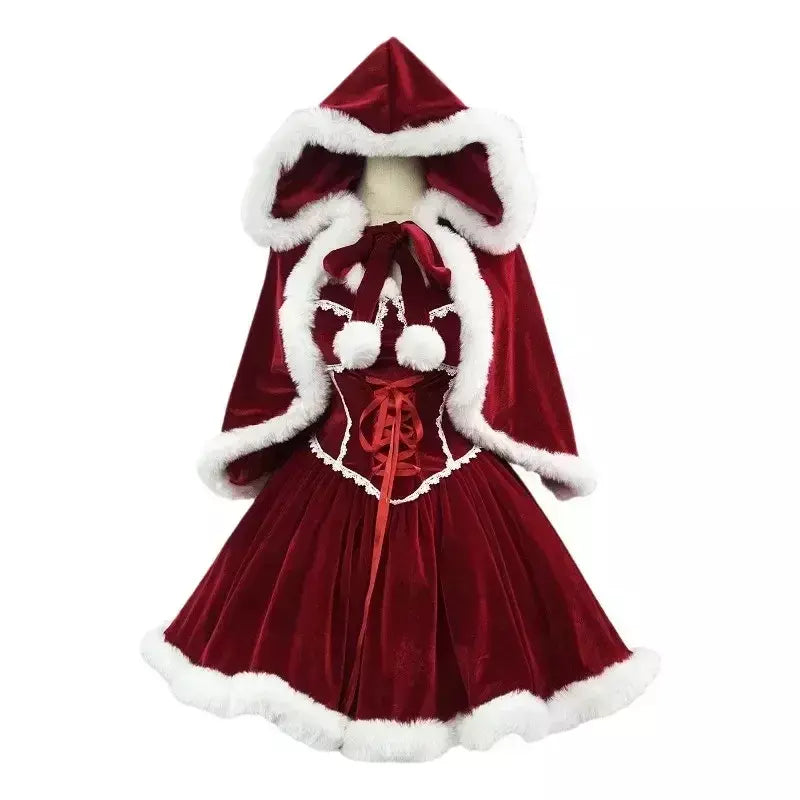 Ano novo vestido vermelho manto cosplay plus size roupas de natal capa feminina role play outfit conjunto completo quente traje de férias meninas