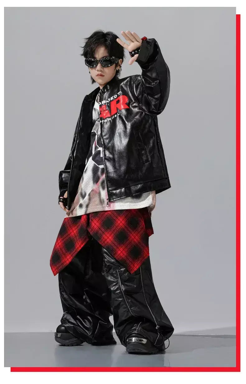 Meninos hio hop letras jaqueta de couro dança de rua calças de carga soltas meninas k-pop streetwear crianças conjunto de roupas jazz traje