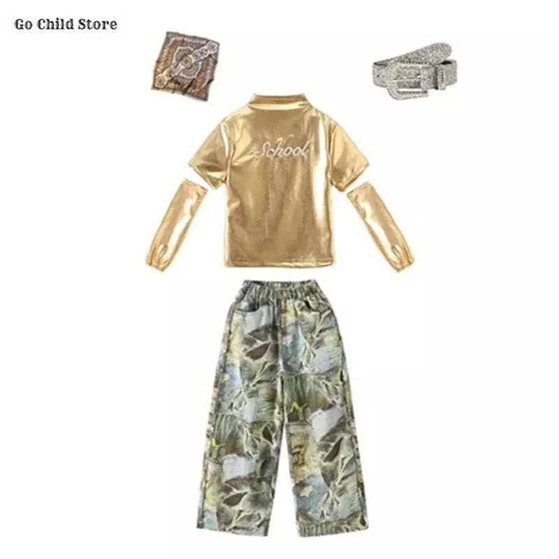 Girls Hip Hop Shiny Golden Crop Top Patchwork Jeans Pants Kids Streetwear Child Jazz Girl Group Costumes K-pop Retro Clothes Set