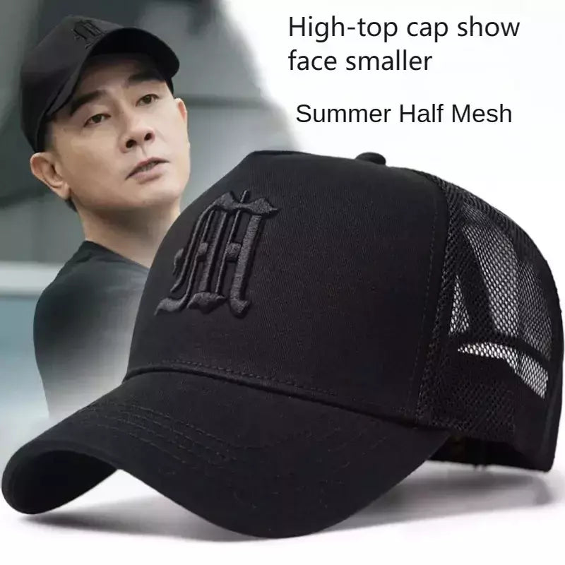 Boné de camionista de malha respirável masculino, boné de beisebol grande, hip-hop, estrutura dura, tamanho grande, masculino, verão, 2024