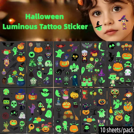 10 pçs abóboras de halloween tatuagem adesivos luminosos temporários à prova dwaterproof água adesivos para rosto corpo tatuagem crianças festa de halloween adereços