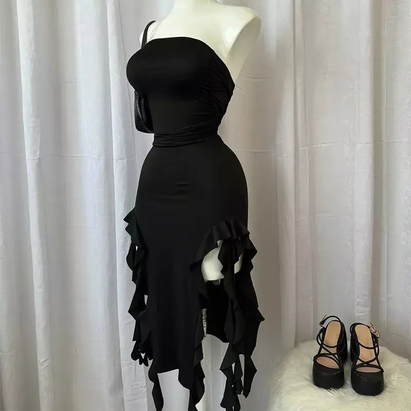 Mulheres sem alças sexy floral dobra hemline alta fenda mini vestido 2024 sólido sem costas sem mangas preto e rosa vestido de festa