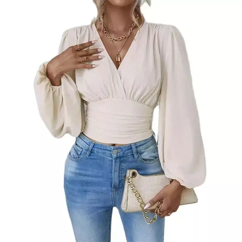 Pulôver feminino com decote V profundo, blusa feminina de manga comprida, tops casuais diários, cintura solta e magro, crossover, primavera, outono