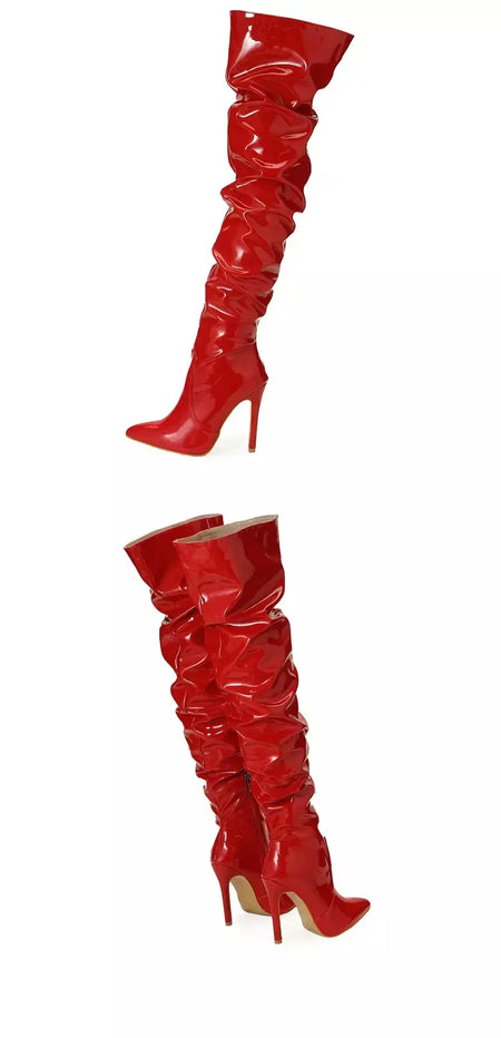 Eilyken-Patent Leather Apontado Toe Salto Alto para Mulheres, Botas Vermelhas Sobre o Joelho, Sapatos de Zíper Lateral, Stiletto Sólido, Calçado Feminino
