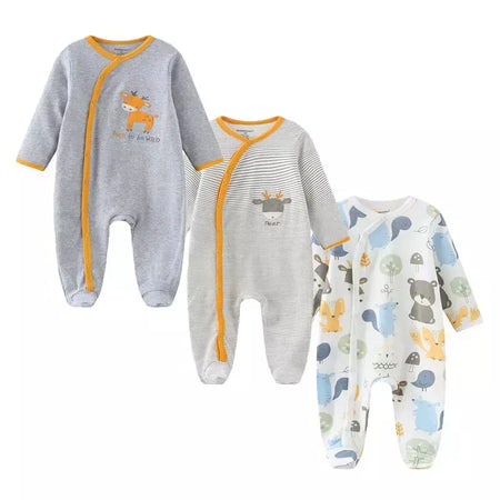 Kiddiezoom 3 pçs/lote outono inverno unisex dos desenhos animados manga longa bebê menino menina macacão 100% algodão macio recém-nascido macacões roupas