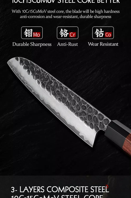 Hezhen faca santoku de 7 polegadas, aço composto de três camadas, facas de cozinha de aço inoxidável, cabo de madeira vermelha com caixa de presente