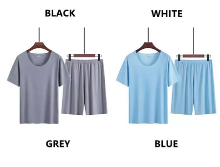 Verão pijamas masculinos terno fino gelo casa roupas traceless manga curta shorts em torno do pescoço casual roupas de verão