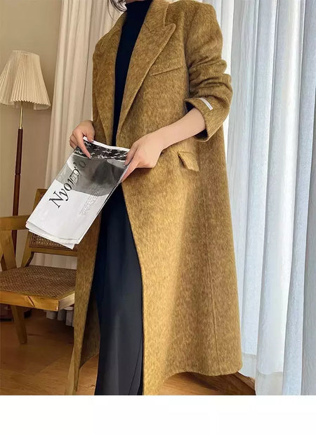 Casaco de alpaca de lã feminino, jaquetas de lã, trespassado duplo, gola de terno, solto, Casacos longos, senhora do escritório, outono, inverno, 2022