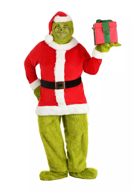 Venda quente da temporada halloween verde grinch cosplay traje papai noel com calças de pele conjunto jogar traje em massa monstro verde gri