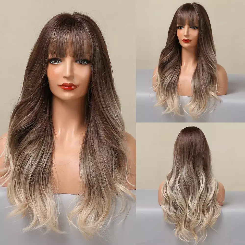 Louis ferre longo ombre loira perucas sintéticas com franja para mulheres onda natural penteado fibra resistente ao calor cosplay perucas marrons