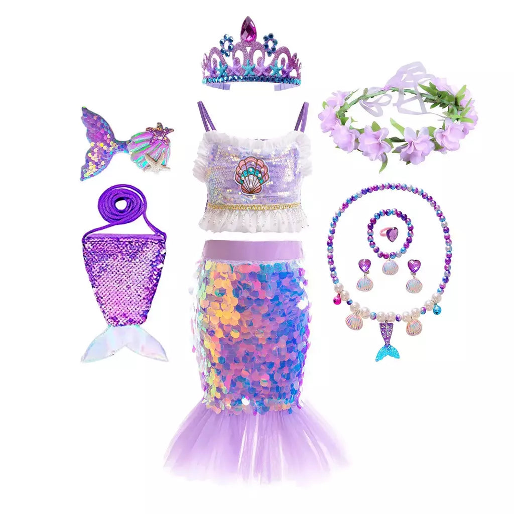 Meninas escala roxa princesa sereia ariel cosplay vestido de halloween vestido de festa de aniversário meninas verão praia vestido de férias