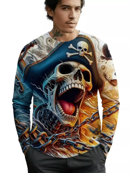 Crânio masculino gráfico t-shirts manga longa esqueleto impressão 3d rua homem t camisa outono o-pescoço casual y2k topo roupas masculinas de grandes dimensões
