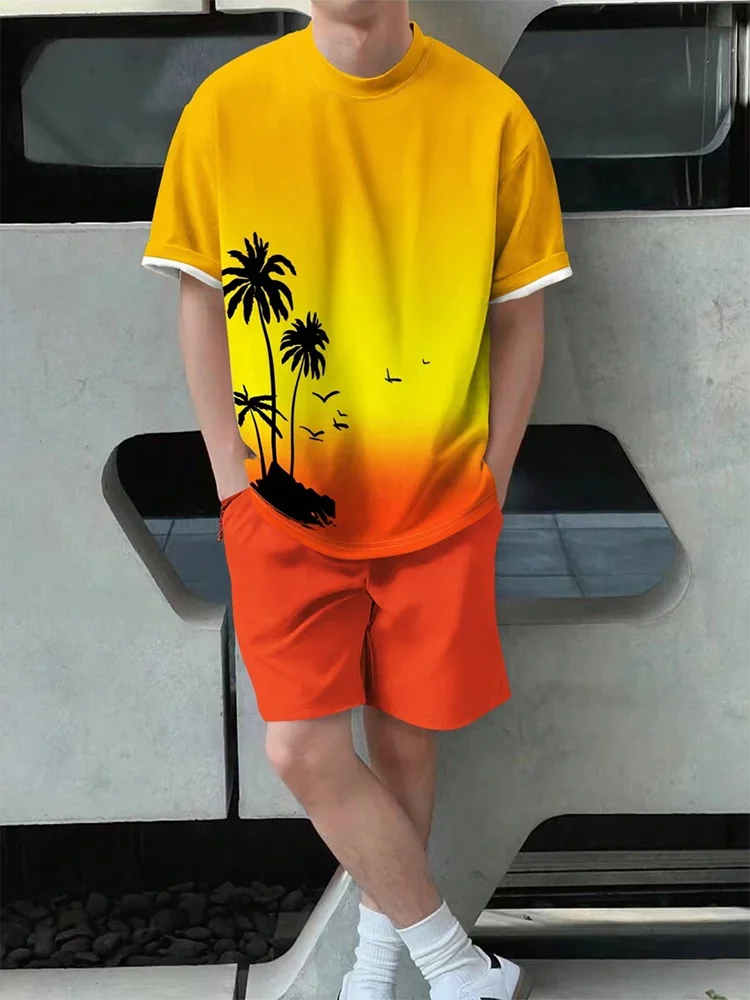 Camiseta de praia havaiana masculina, conjunto de 2 peças, manga curta, estampa palmeira, decote em O, moda exterior, casual, verão