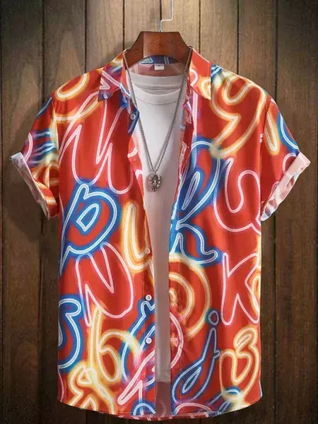 Camisa masculina de lapela estampa estilo néon, camisa casual de manga curta com botão, roupas masculinas, streetwear havaiano, verão