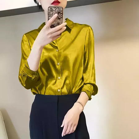 Camisas e blusas femininas com acabamento acetinado, blusa casual, manga comprida, botão, camisas elegantes, roupa francesa, monocromáticas, todos os fósforos, OL