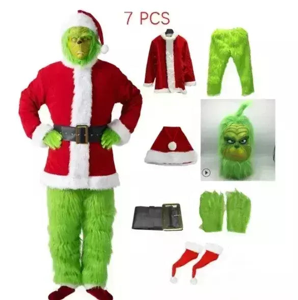 Conjunto de fantasia de papai noel, festa de natal, baile, adulto, dramatização, roupa verde, monstro desgrenhado, dia das bruxas, cosplay, luvas, máscara